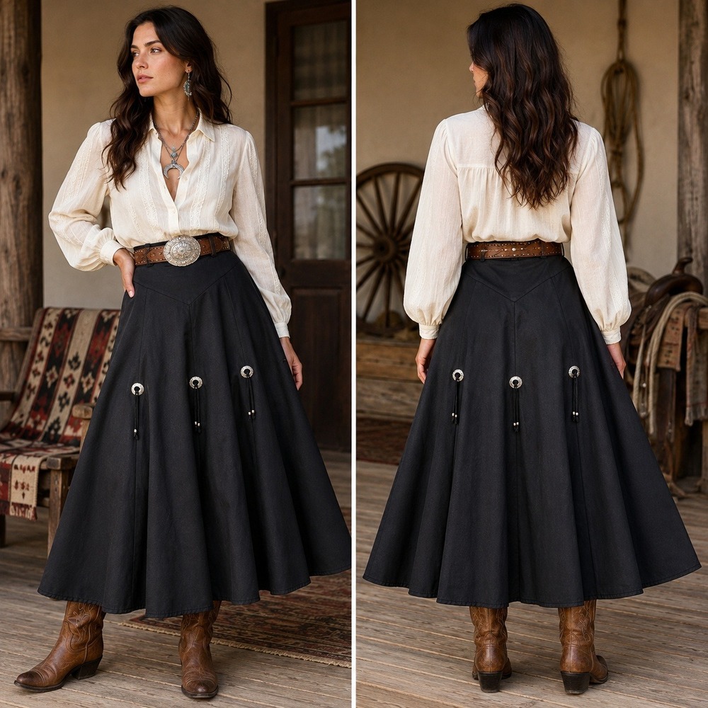 Vintage Circle T Marilyn Lenox Maxi Skirt 14/16 Black Concho Western Cowgirl USA